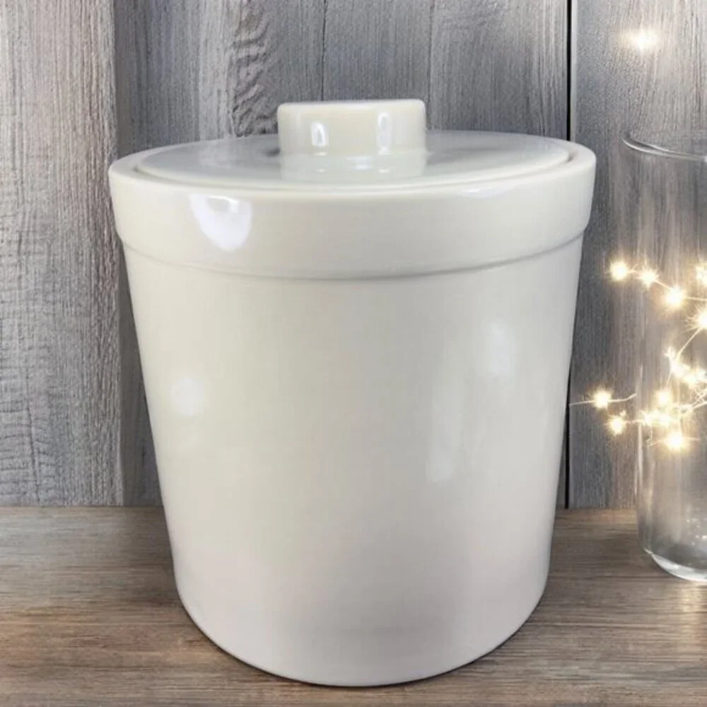 West Elm Tan Stoneware Pottery Heavy Large Canister Container Crock With Lid VTG